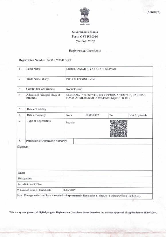 GST Registration Certificate - Page 1